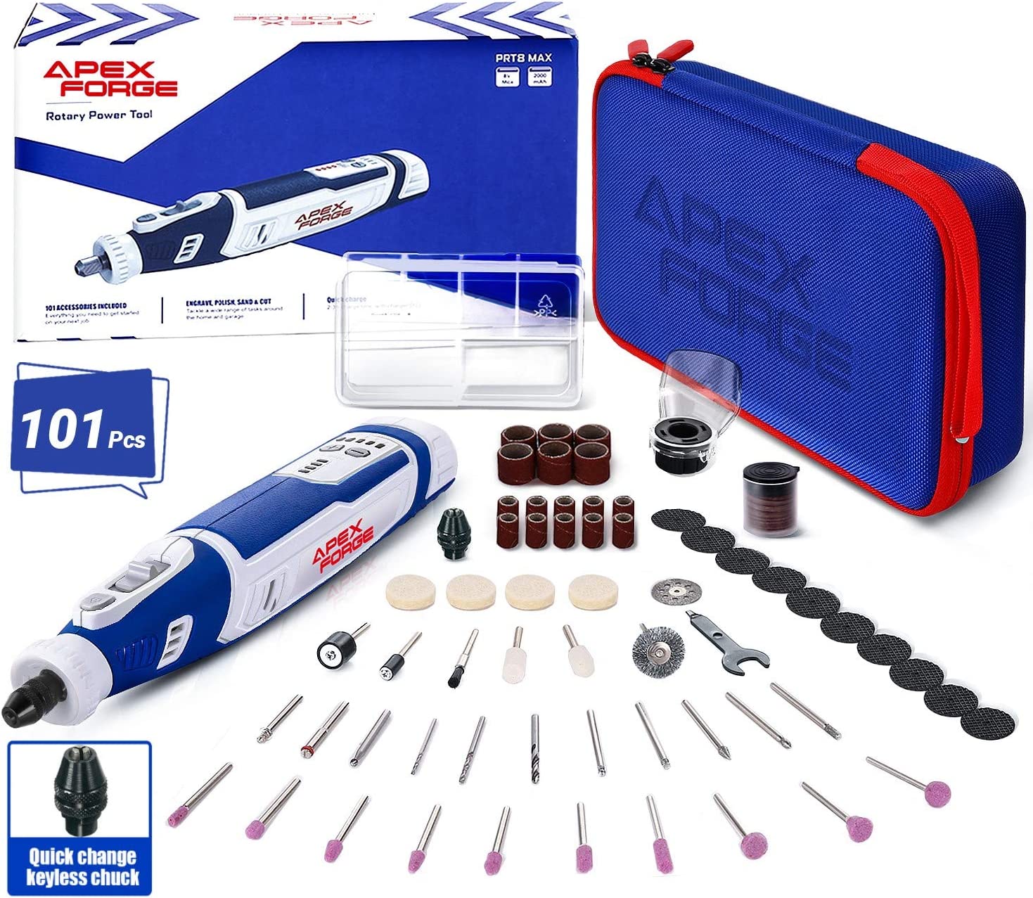 APEXFORGE M8 Cordless Rotary Tool, 8V 2.0 Ah Rechargeable Battery, Keyless Chuck, 101 Pcs Accessories