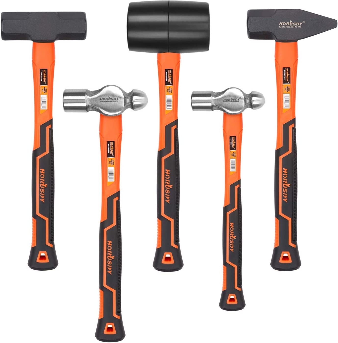 HORUSDY 5-Piece Hammer Set, 16oz Ball Pain Hammer | 32oz Ball Pain Hammer | 32oz Rubber Mallet | 3lb Sledge Hammer | 3lbCross Pain Hammer
