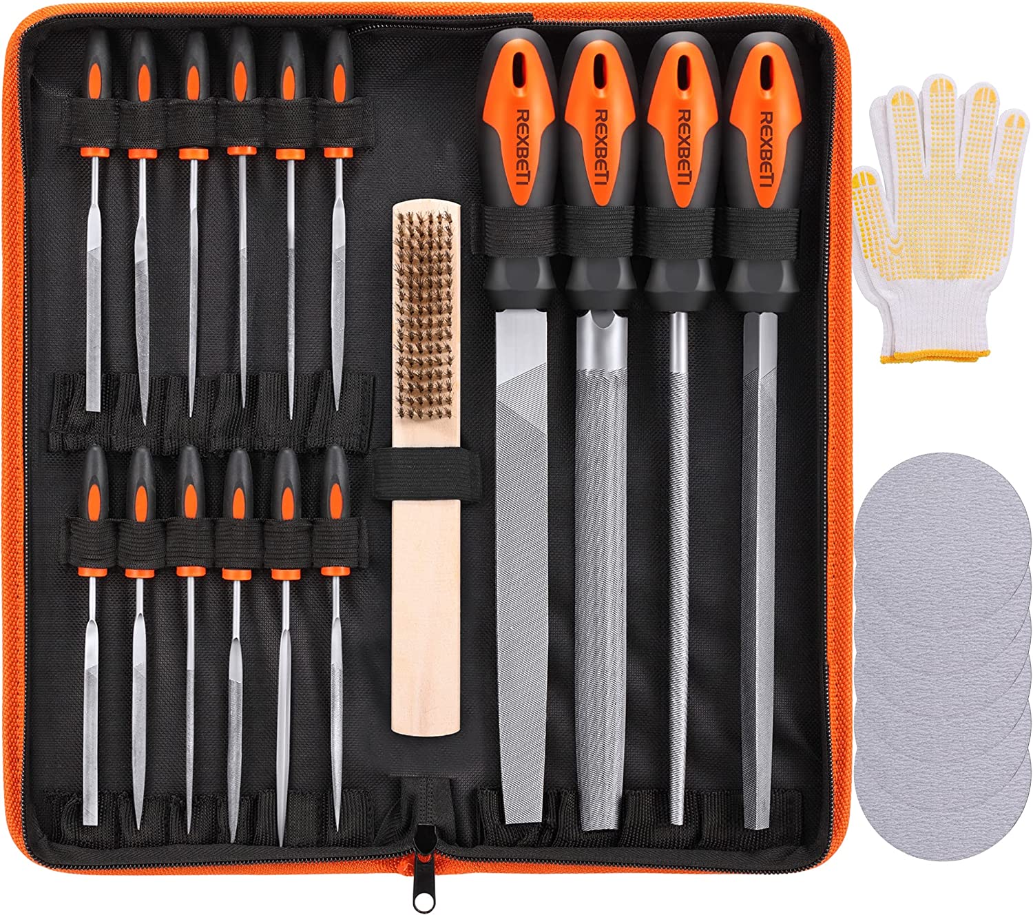 REXBETI 25Pcs Metal File Set, Premium Grade T12 Drop Forged Alloy Steel, Flat/Triangle/Half-round/Round Large File and 12pcs Needle Files with Carry Case