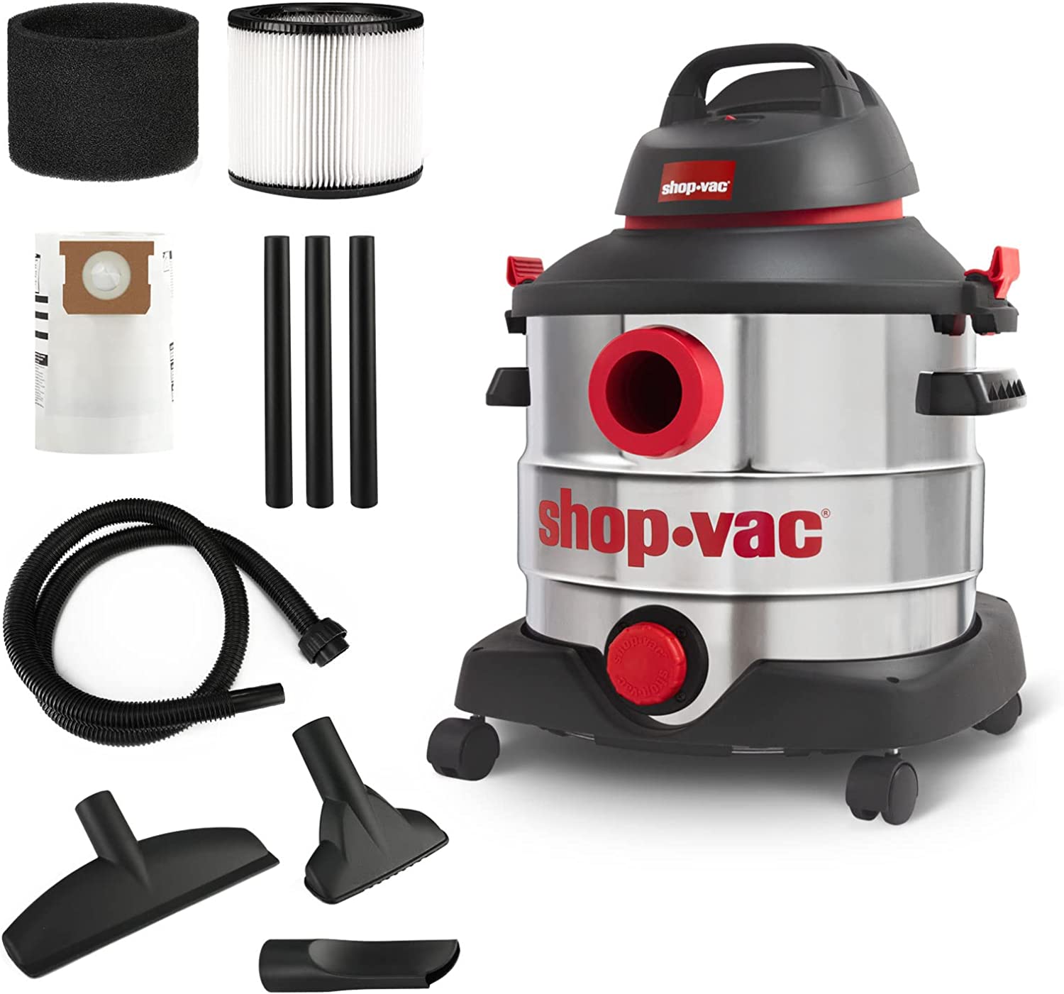 Shop-Vac 8 Gallon 6.0 Peak HP Wet/Dry Vacuum, Stainless Steel Tank, Portable Shop Vacuum with Multifunctional Attachments for Jobsite, Garage & Workshop. 5989400