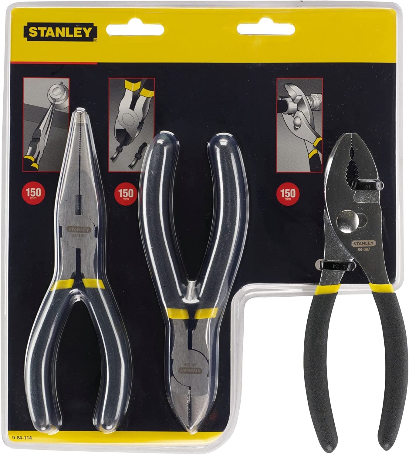 STANLEY 3 Piece Plier Set, Slip Joint/Long Nose/Diagonal Cutting