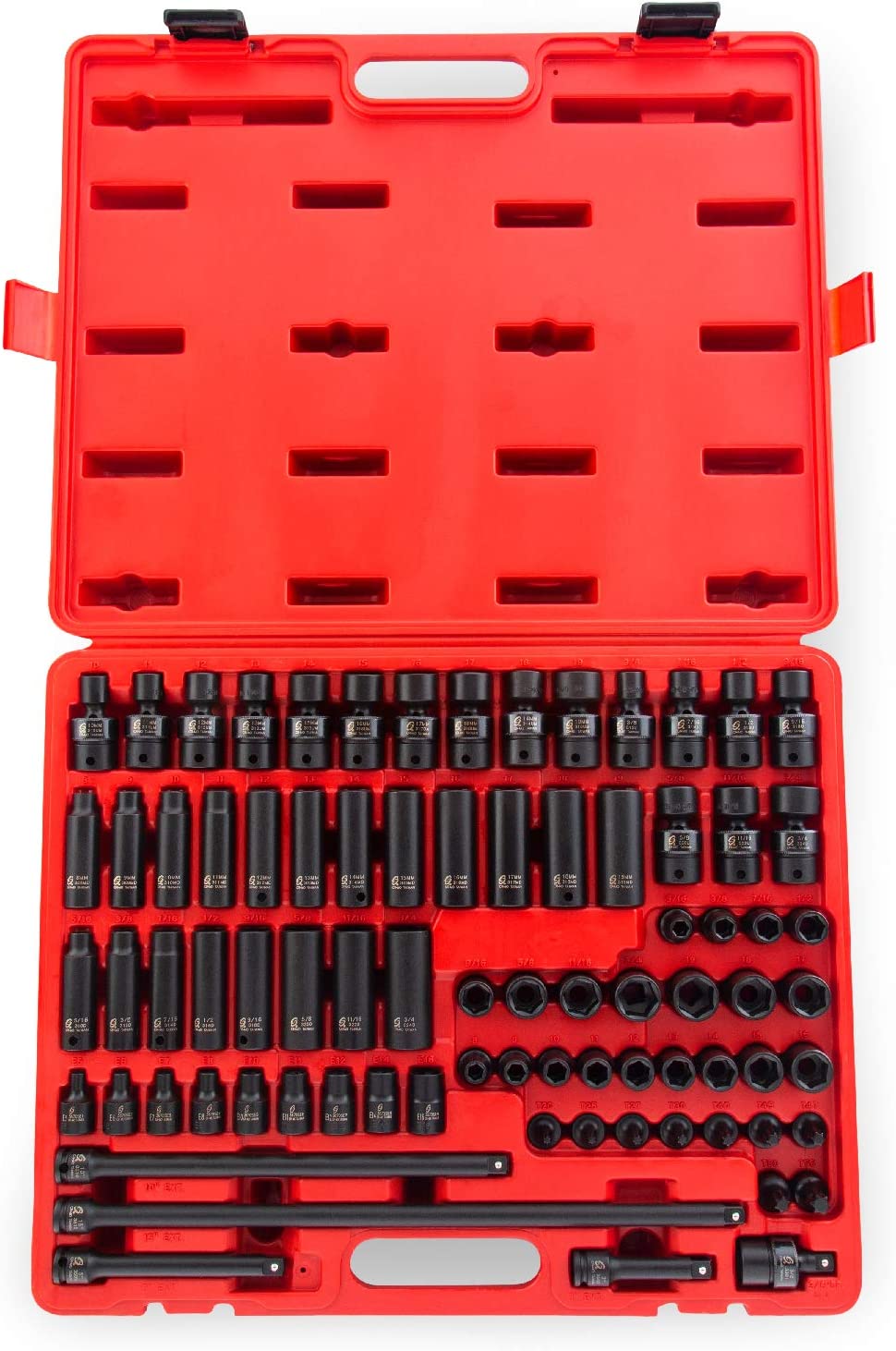 Sunex 3580, 3/8 Inch Drive Master Impact Socket Set, 80 Piece, SAE/Metric, 5/16 Inch - 3/4 Inch, 8mm - 19mm, Standard/Deep/Universal with Heavy Duty Storage Case