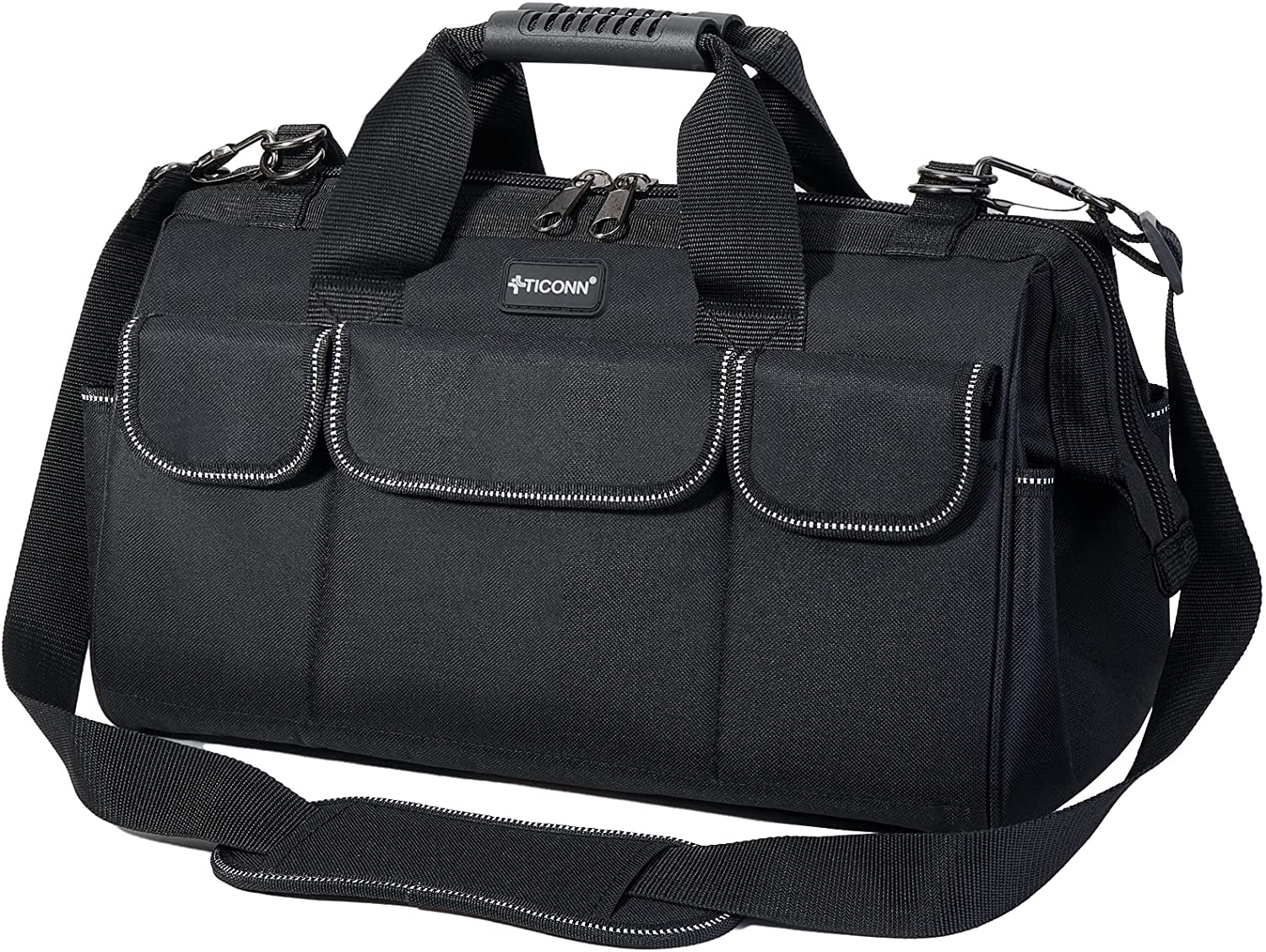 TICONN 16in Tool Bag with Waterproof Soft Bottom, Multi-Pockets Wide Mouth Tool Tote with Safety Reflective Strap