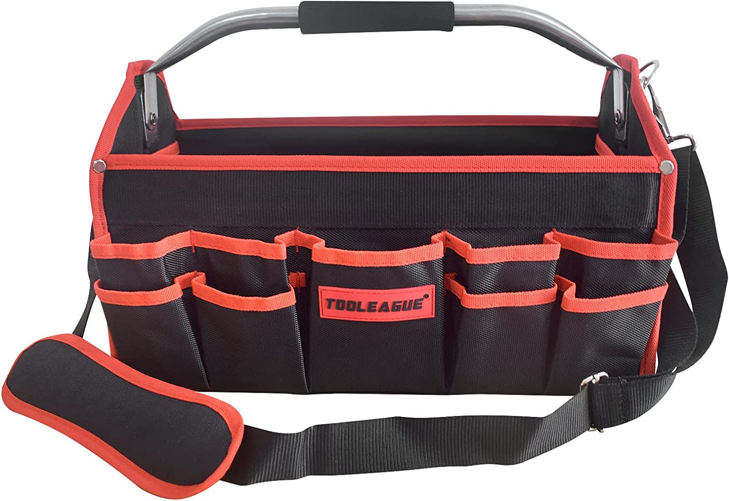 TOOLEAGUE 16 Inches Open Top Tool Tote Bag 23 Pockets,1680D Reinforced Material Tool caddy,Tool bags for electricians, Steel Handle and Shoulder Strap