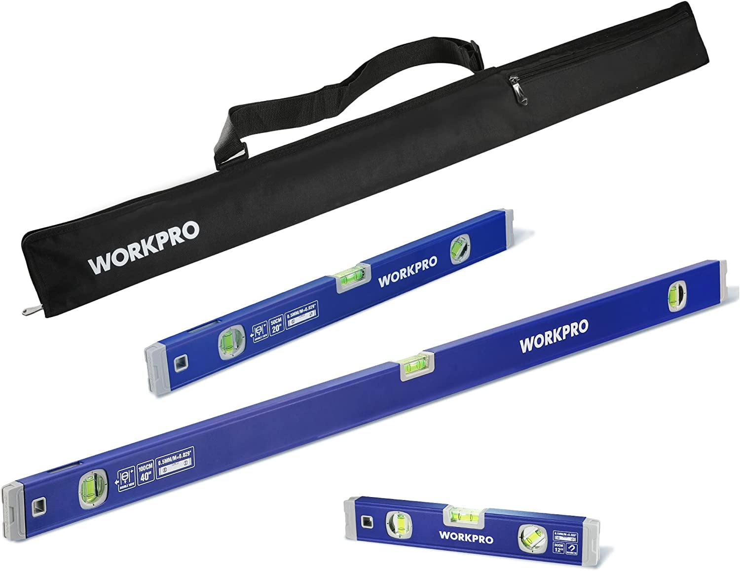 WORKPRO 3-Piece Spirit Level Set (12", 20", 40") with Carrying Bag