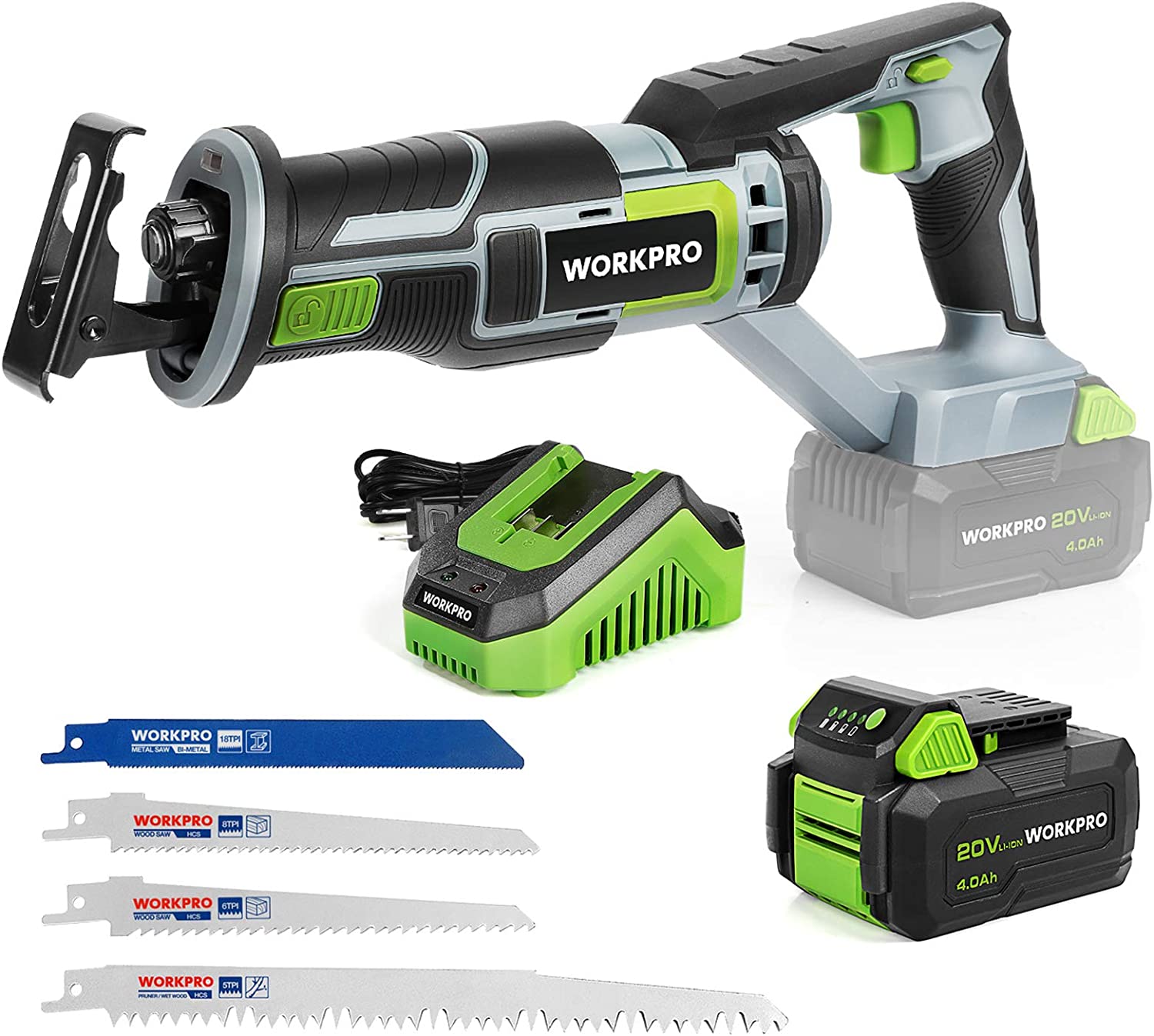 WORKPRO Cordless Reciprocating Saw, 20V 4.0Ah Battery, 1-inch Stroke Length